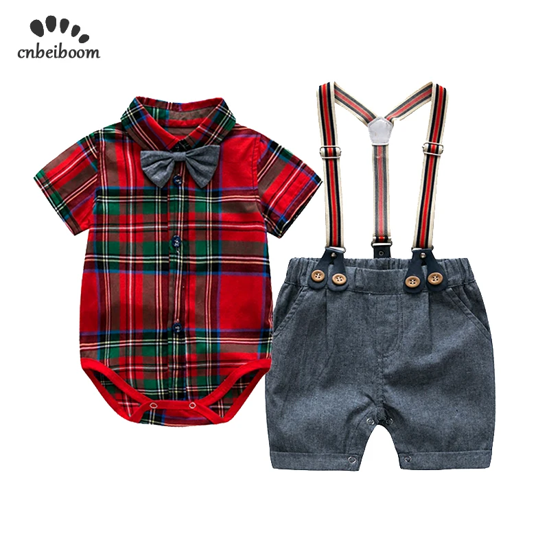 Boys red plaid rompers clothing sets 2019 new baby boy jumpsuit + overalls gentleman suits infant toddler newborn party clothes |