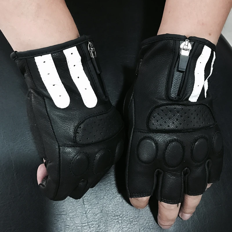 Байкерские кожаные перчатки мужские мотоциклетные с открытыми пальцами в ретро