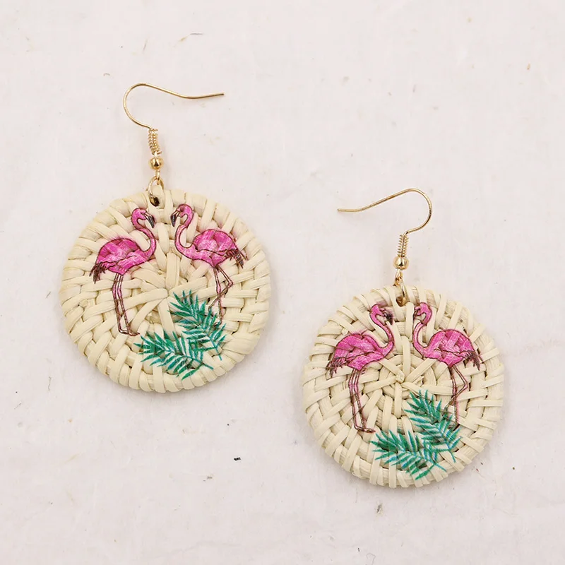 Buy Round Wicker Rattan Earrings for Women Straw Woven Drop Earring Flamingo/Cactus Earing Summer Jewelry Pendientes Mimbre on