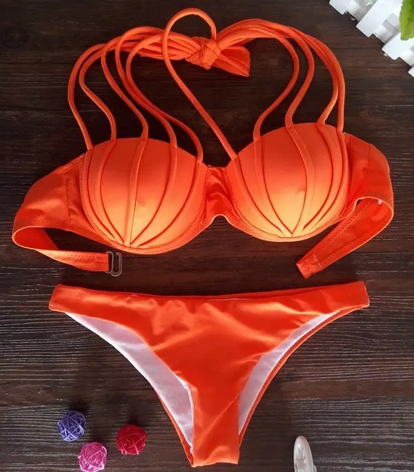 Solid Color Bikini Set Women Swimwear Push Up Not Neoprene Vintage Swimsuit Bandage 2015 |