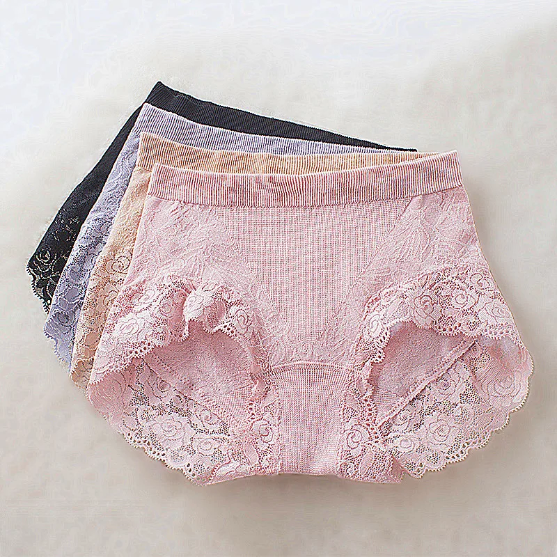 

Mid waist panties women's lace breathable jacquard bamboo fibre trigonometric panties female bamboo fabric