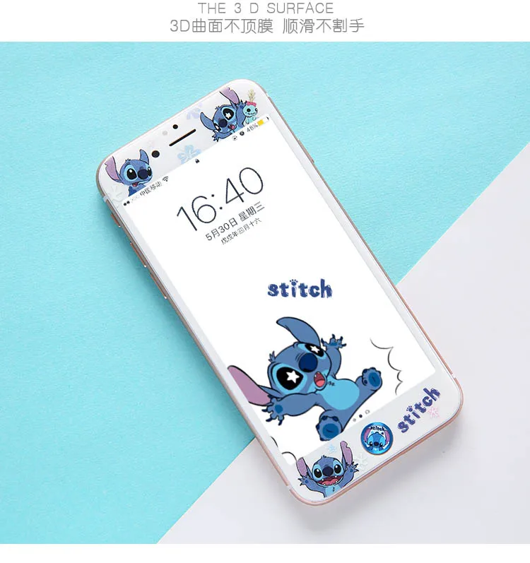 Stitch pattern Милая стежка Передняя пленка для iPhone 7/8 plus мультфильм мягкий край закаленное стекло протектор экрана для iPhone 6 6s plus+ наклейка - Цвет: Stitch pattern
