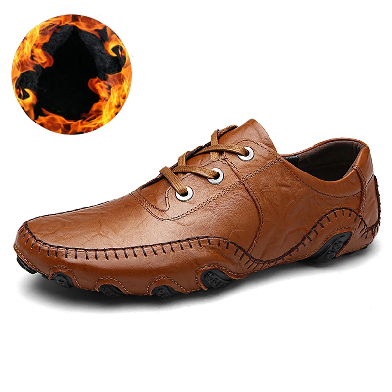Shoes Comfort Genuine Leather Casual With Warm Fur Men Loafers Winter Quality Outdoor Walking Waterproof | Обувь