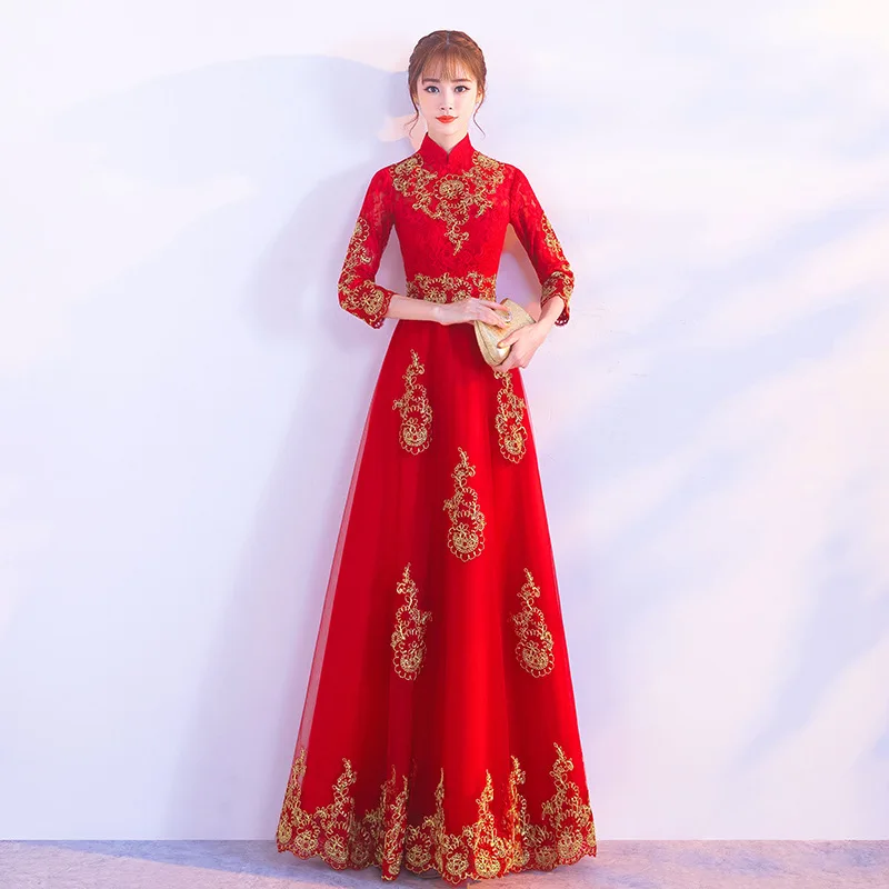 style C Красное кружевное платье с вышивкой в восточном стиле, китайское винтажное традиционное свадебное платье Ципао, длинное платье Ципао размера плюс XS-3XL - Цвет: style C