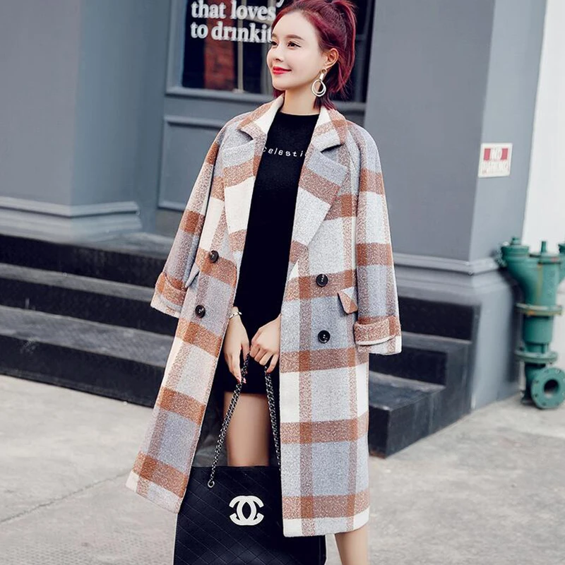 2019 Korean version Women New clothing Winter Wool coat Vintage Double Breasted Long Plaid Woolen Female Warm Overcoat cc43 | Женская