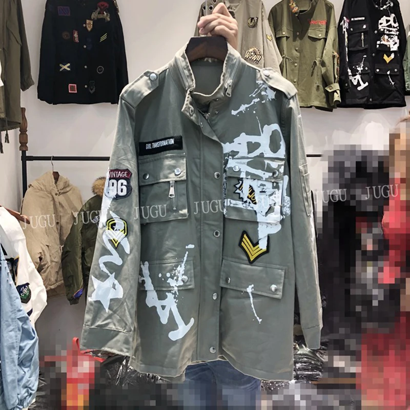 Осенняя уличная джинсовая куртка с граффити свободная ветровка Женская BF Harajuku