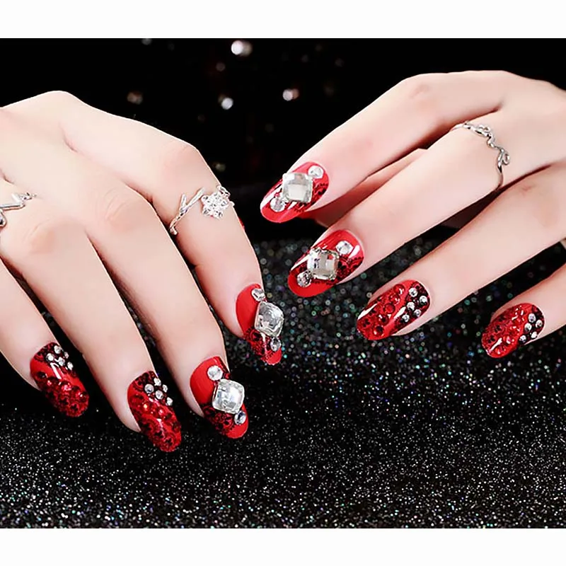 Women DIY Long Size Wedding False Nail Red Color Sexy Art Tips with Glue Shining Rhinestone Indian Fashion Fake Nails | Красота и
