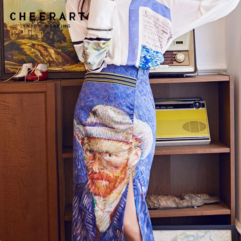 Женская длинная юбка Cheerart винтажная облегающая миди с принтом Ван Гога высокой