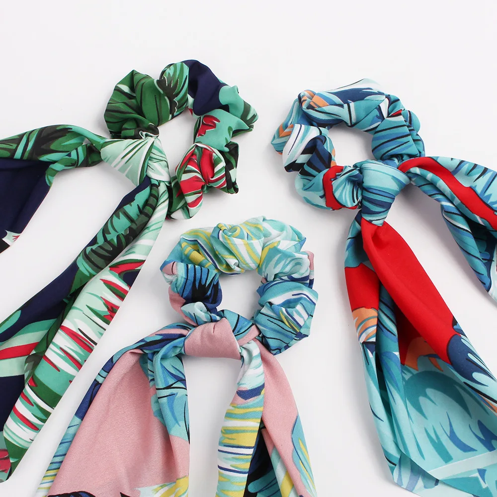New Ribbon Scrunchie Chiffon Headband Summer Beach Scrunchies Women Elastic Hair Bands Girls Ties Printed Accessories |