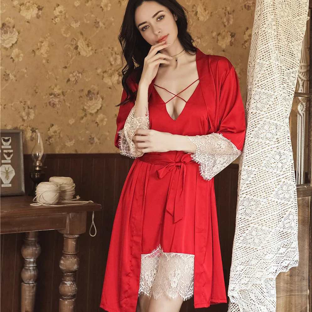 Herislim Атласный халат и для женщин сексуальный кружевной ночная рубашка с открытой