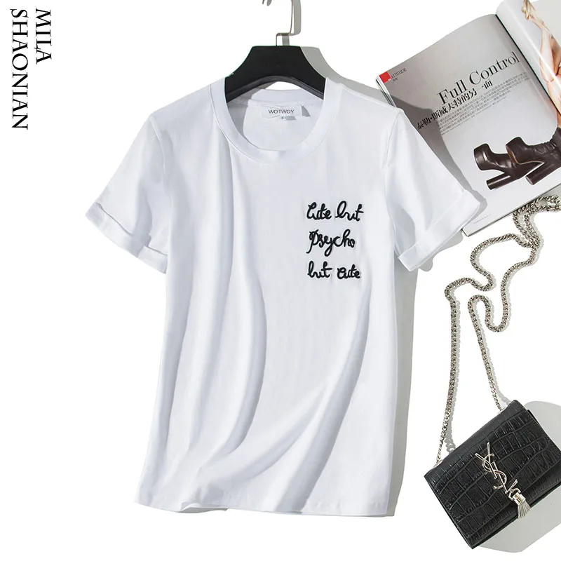 2019 летняя хлопковая Футболка с вышивкой буквами женские футболки круглым