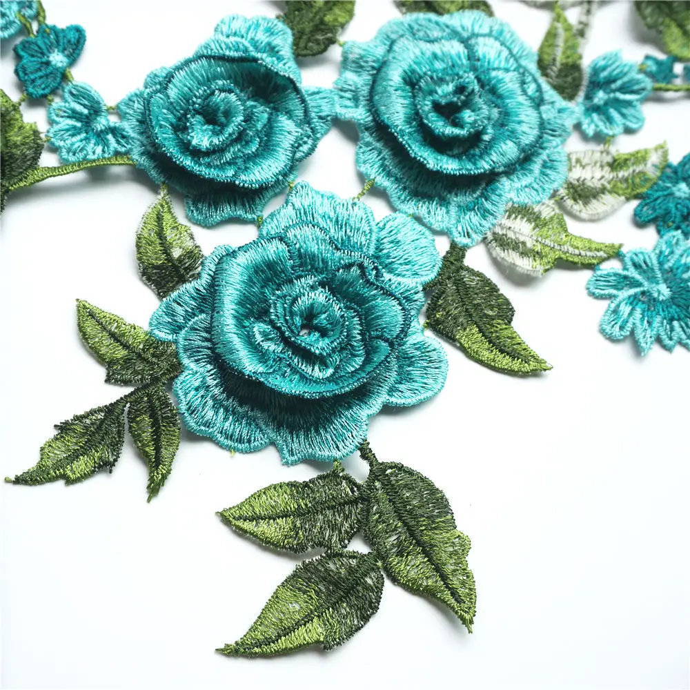 Ткань бирюзового цвета 3D цветы вышитая Свадебная аппликация кружевные нашивки