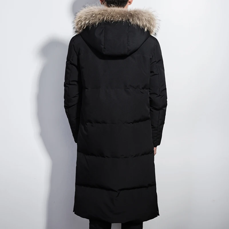 Мужская длинная куртка с воротником из натурального меха приталенная теплая