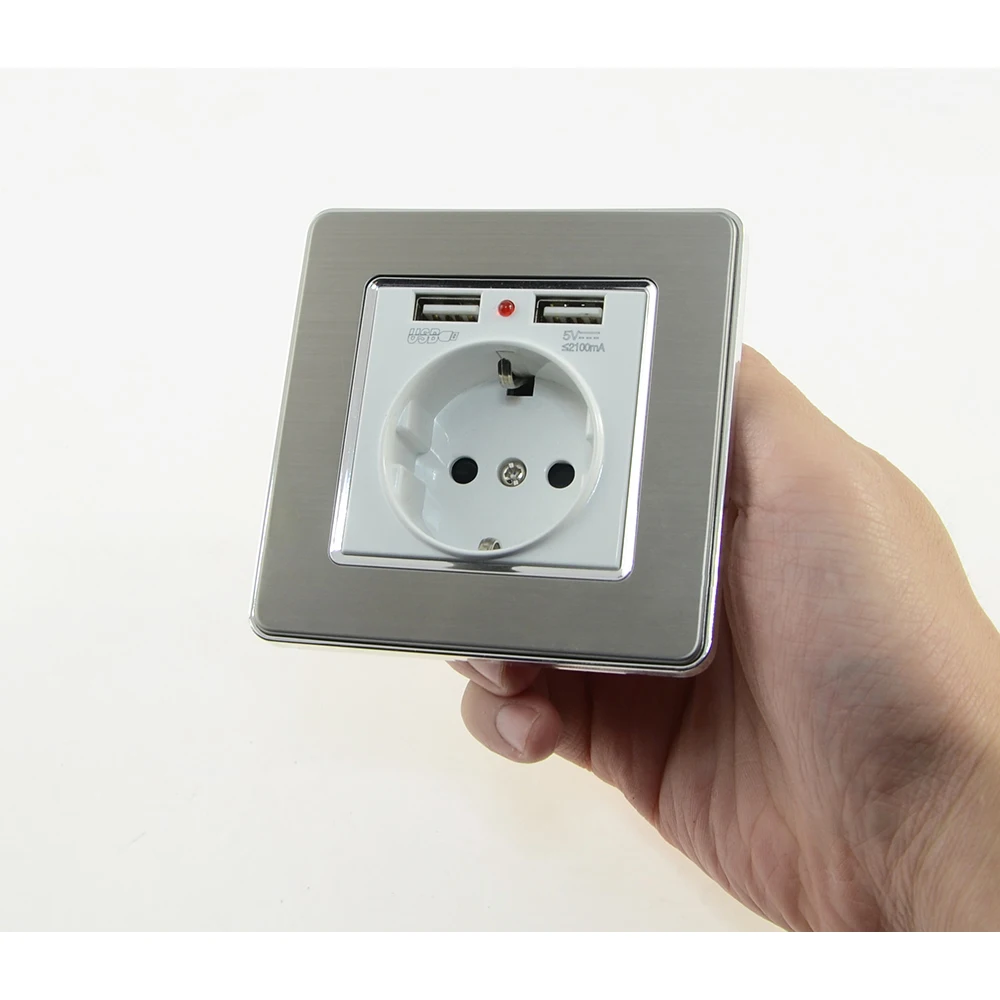 EsooLi розетка мощность 16A ЕС стандартный выход с 2A двойной usb-порт для зарядки для мобильного телефона нержавеющая сталь USB разъем питания