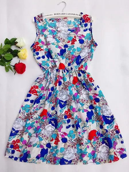 Сексуальное летнее осеннее платье с принтом Vestidos, женское повседневное богемное платье без рукавов с цветочным рисунком, тонкое пляжное шифоновое платье с круглым вырезом, винтажное синее платье