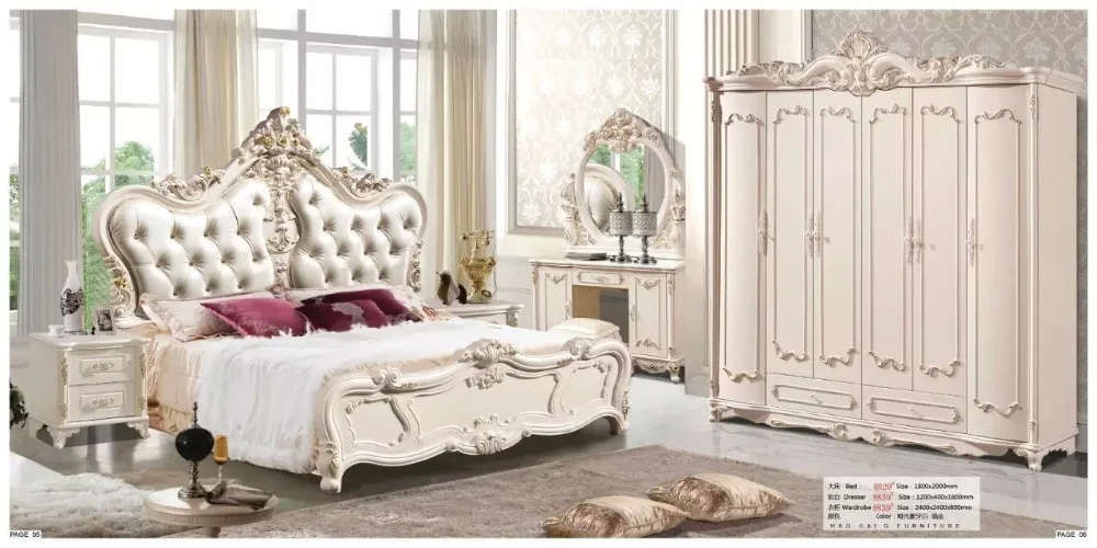 

modern european solid wood bed Fashion Carved leather french bedroom set furniture king size HC003