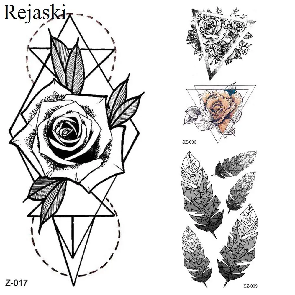 

Temporary Women Tattoo Stickers 3D Geometric Line Rose Water Transfer Tatoos Black Triangle Leaves Fake Arm Tattoo Girls Makeup