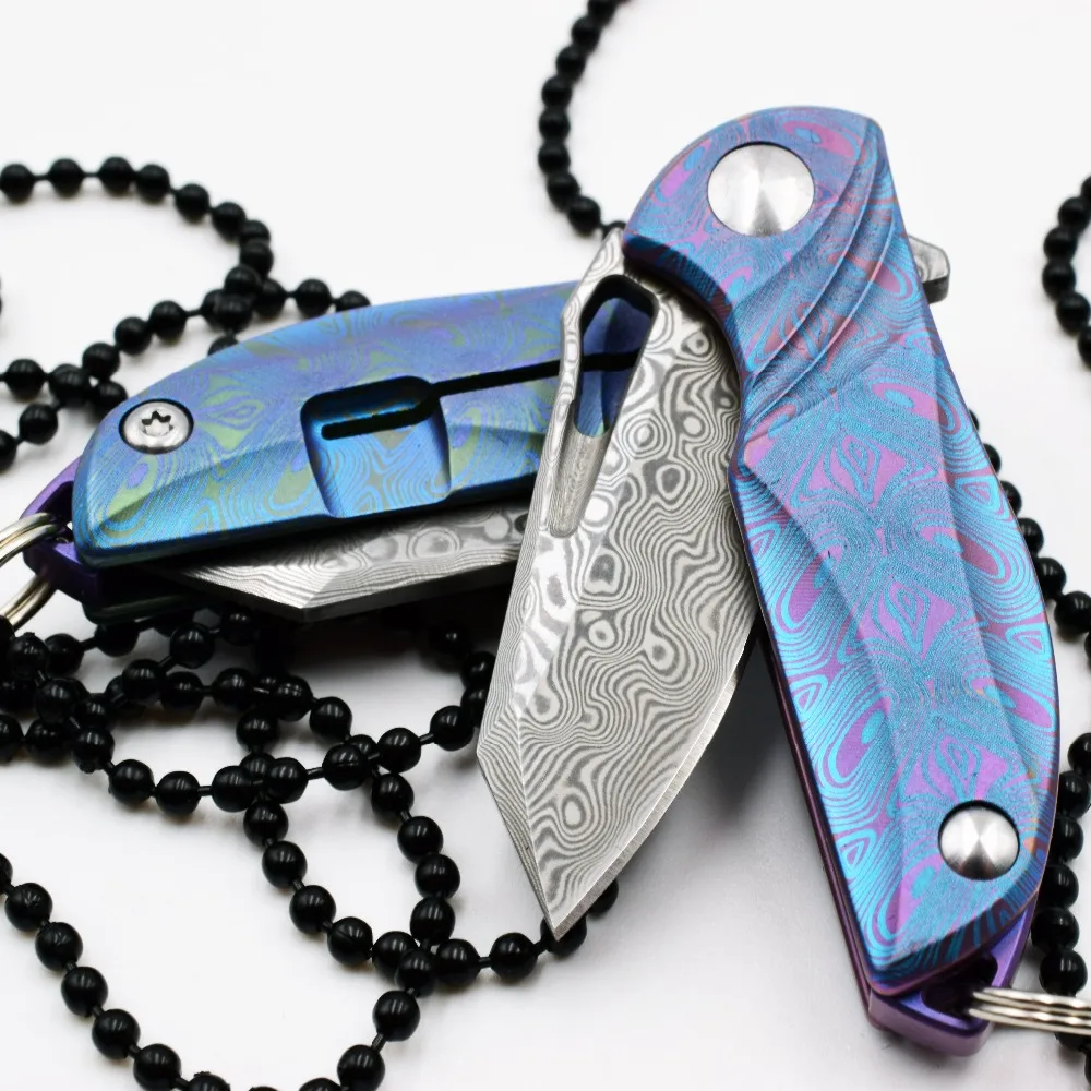 Карманный складной мини нож с дамасским лезвием и титановой ручкой для кемпинга