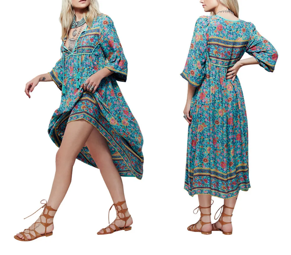 

Boho Gypsy Mexican Ethnic Floral Womens Evening Party Mid-calf Tea Length Dress