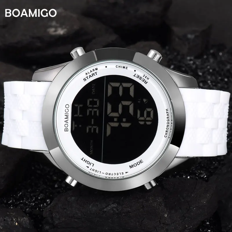 Мужские спортивные цифровые часы BOAMIGO белые резиновые наручные модный бренд 2017
