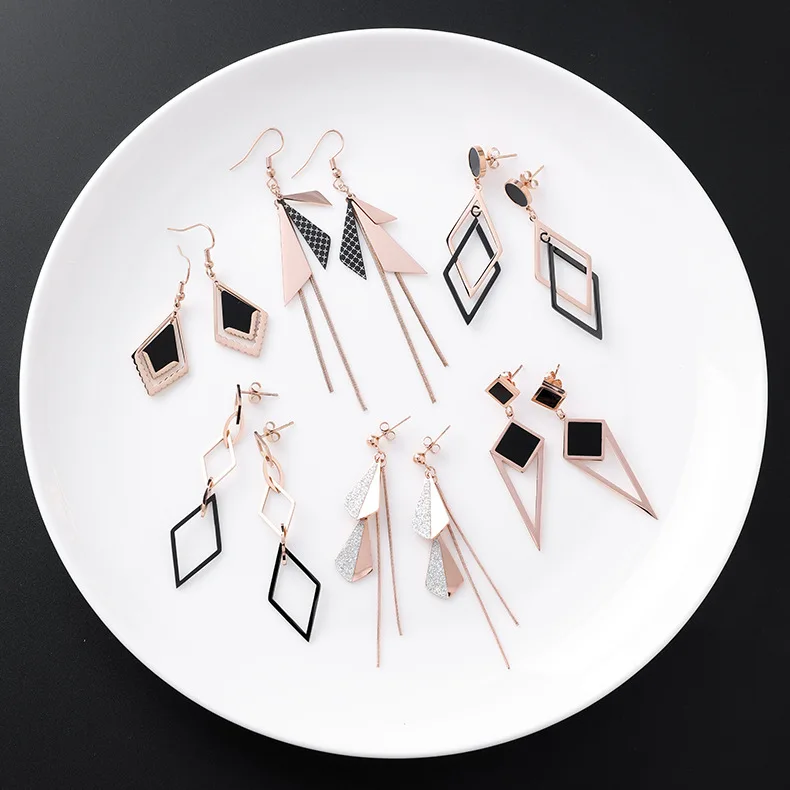 New Listing Geometric Titanium Steel long Tassel Girl Earrings gold Stainless Steel Triangle leaf Girl Black Jewelry Earrings 1