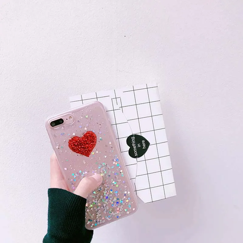 Модный Блестящий чехол с розовым и красным сердцем для девочек iPhone 8 7 plus мягкий