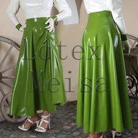 england style womens pleated ankle length long latex skirt in solid green color no zip with 100 handmade
