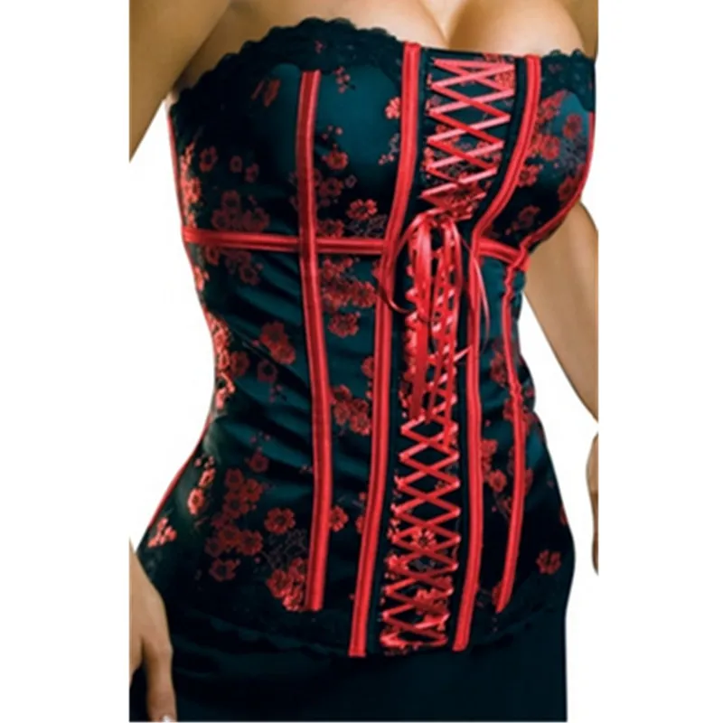 

Women Sexy Satin Corset Lace up Floral Overbust Corset Bustier Top Waist Cincher Red Lingerie Summer Bodyshaper Shapewear