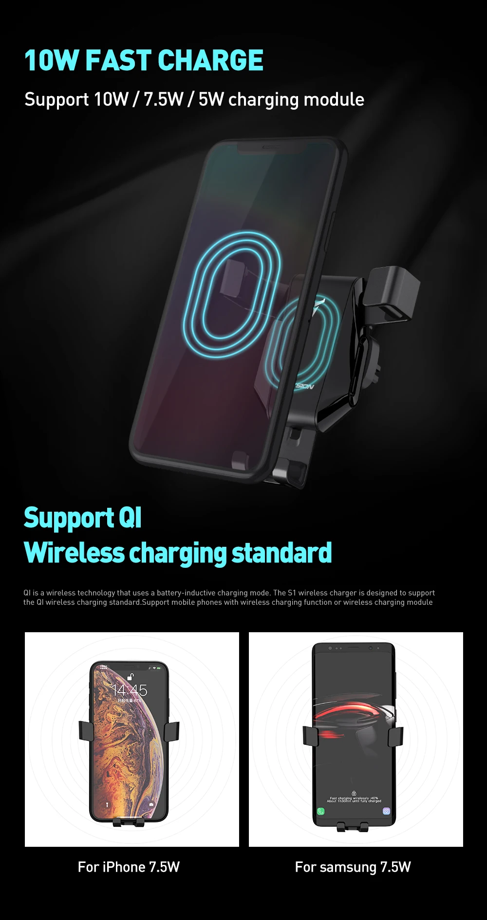 KEYSION 10 Вт Qi Беспроводное зарядное устройство для iPhone 11 XS Max XR быстрая Беспроводная зарядка Автомобильный держатель для samsung S10 S9 S8 NOTE 10