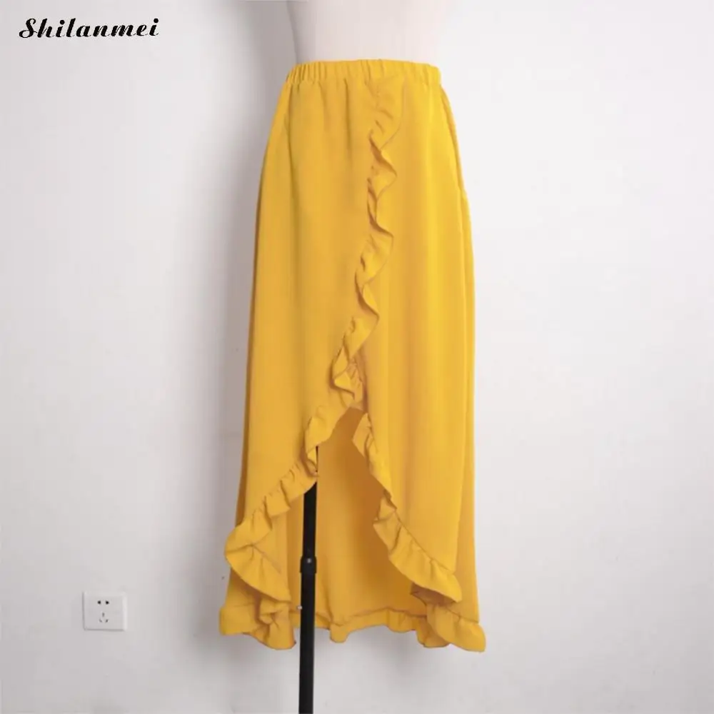 Summer Women Skirts Drawstring Waist Flouncing Maxi Skirt Solid Split Irregular Hem Holiday Beach Elegant Fladas | Женская одежда