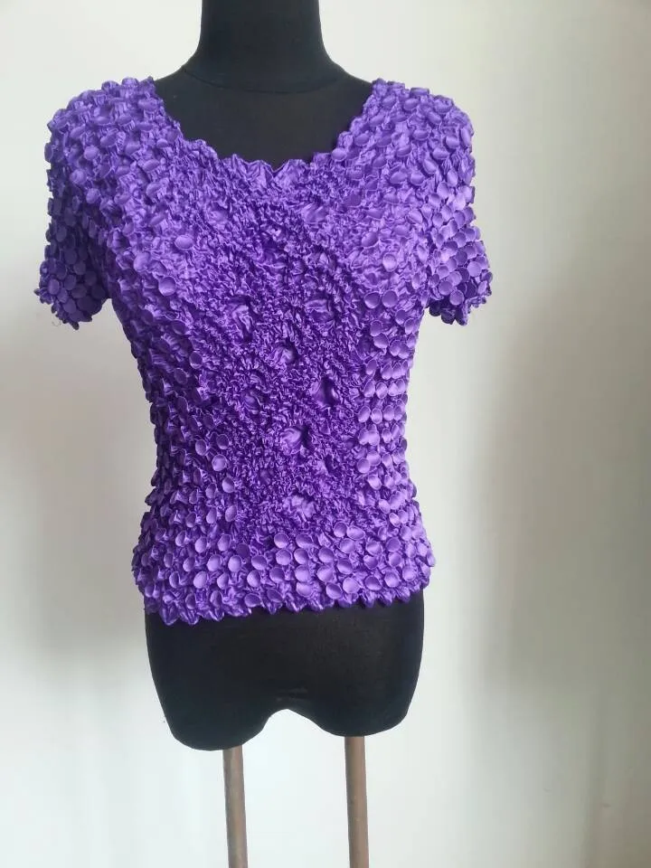 Purple Для женщин эластичные попкорна Топы с коротким рукавом рубашка монета рубашки - Цвет: Purple