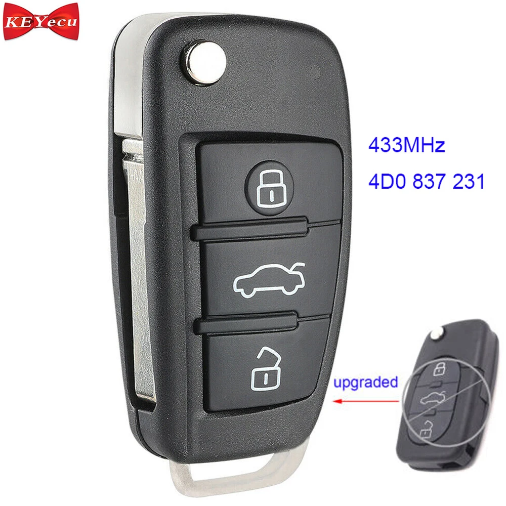 KEYECU для Audi A2 A3 B5 A4 A6 Quattro RS модифицированный дистанционный Управление, автомобильные аксессуары, брелок 433,92 МГц FCC ID 4D0 837 231