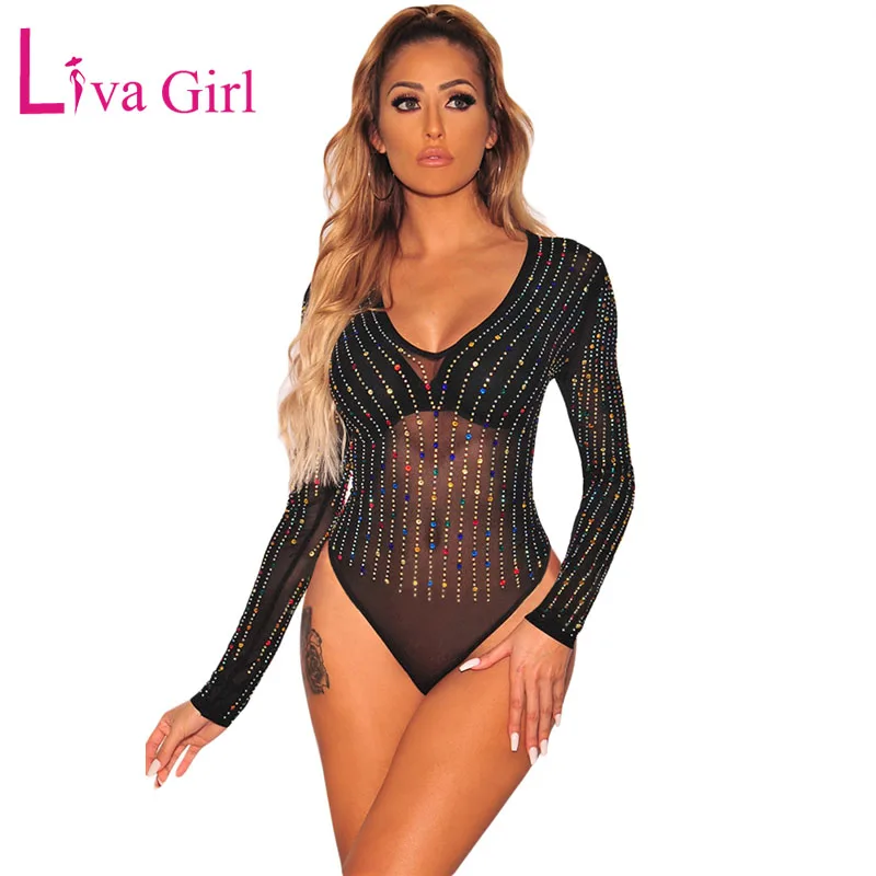 

Боди женское Сетчатое черное с длинным рукавом, V-образным вырезом и шипами, 2020