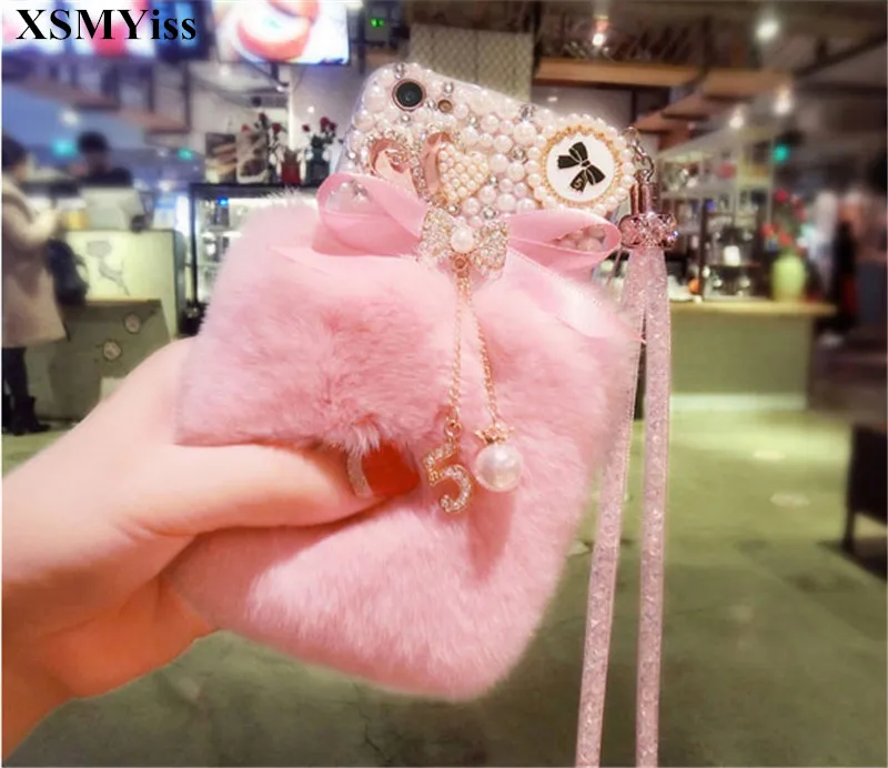 

Luxury Bling Diamond Pearl Bowknot Tassel Warm Soft Rabbit Fur Phone Case For iphone 13 12 11 Pro MAX XR X XS MAX 6 6S 7 8 Plus