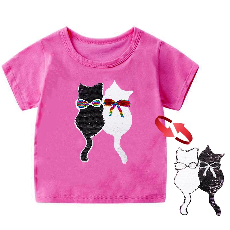 two cats Двусторонняя Футболка с блестками; летняя детская футболка для мальчиков и девочек; футболки с короткими рукавами для маленьких девочек; хлопковая детская футболка; футболки с круглым вырезом - Цвет: two cats