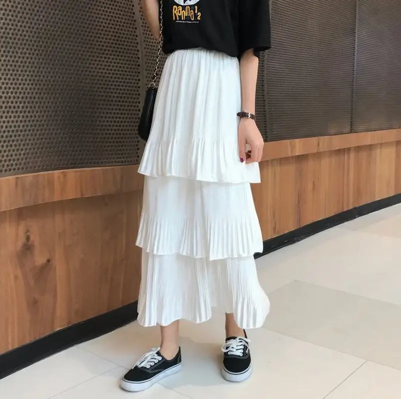 

Spring Summer Ruffle Cake Skirts Women Fashion Elegant High Waist Elastic A-line Chiffon Skirt Female High Street Chic Long Saia