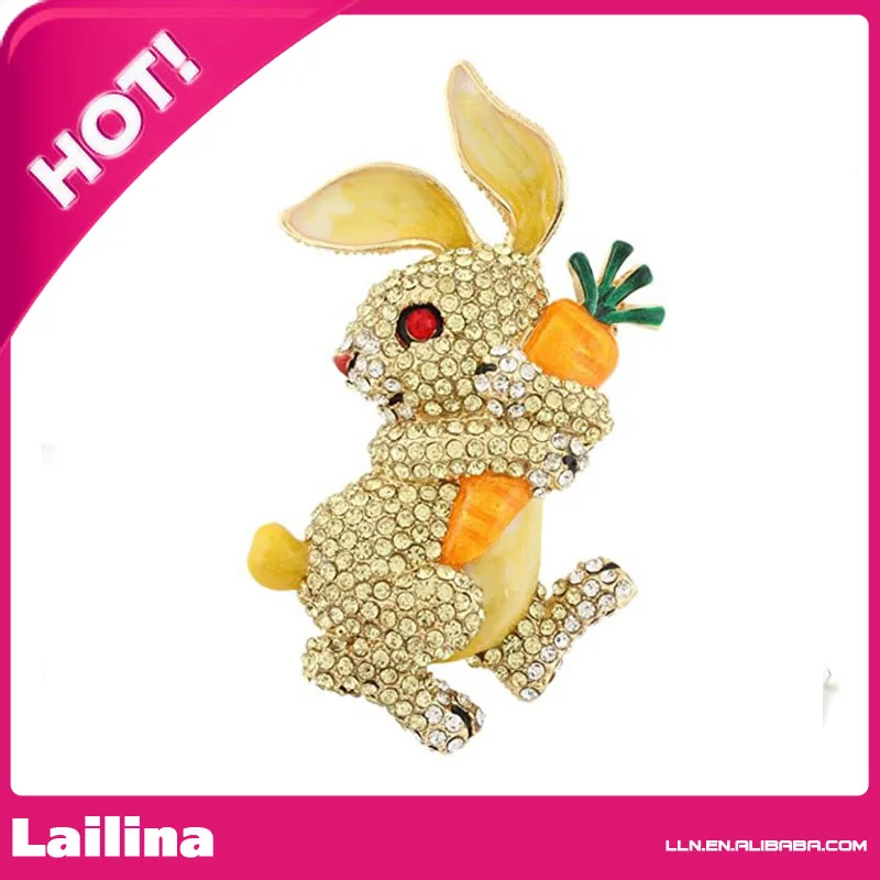 

Gold Plated Yellow Rhinestone Rabbit with carrot Brooch Pin for Easter