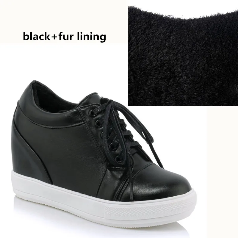 black with fur Женские кроссовки; коллекция года; сезон весна; женская повседневная обувь на высоком каблуке; женская обувь на танкетке; обувь на платформе; женские кроссовки на толстой подошве; большой размер 45 - Цвет: black with fur
