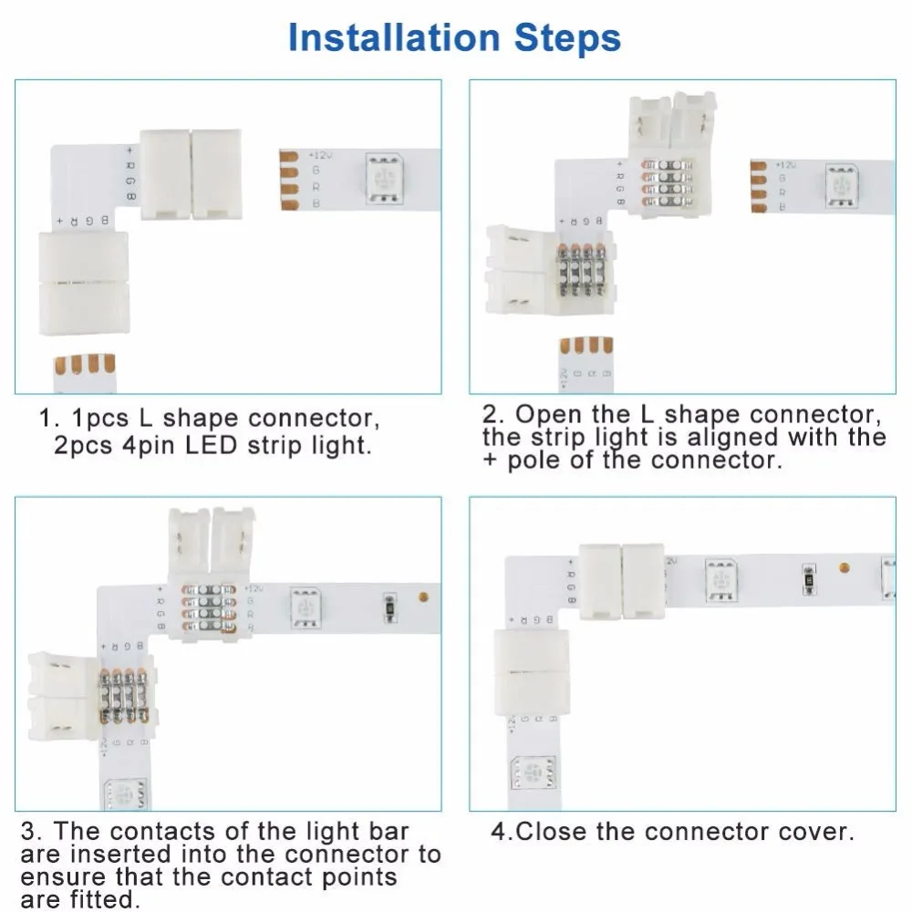 

GRN-FLASHING 10mm 4 Pin L shape led rgb connector For connecting corner right angle 10mm 5050 2835/3528 RGB LED Strip Light