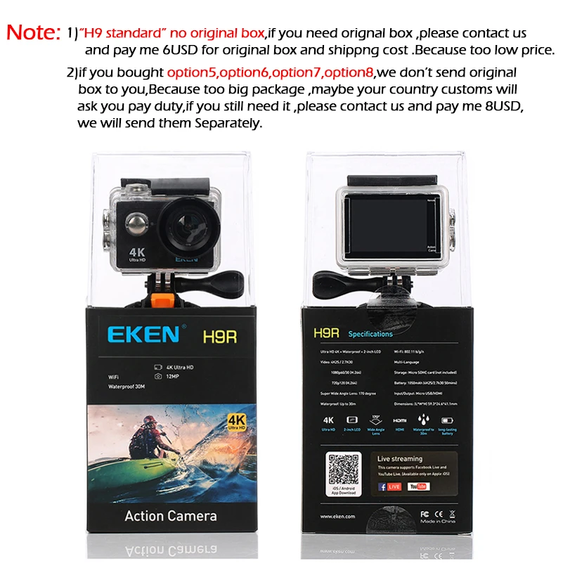 Экшн-камера eken H9/H9R 4K 30FPS Ultra HD WiFi 2,0 170D подводный водонепроницаемый шлем видеокамера s go Спортивная камера extreme pro
