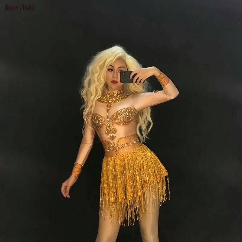 Sparkly Crystals Gold Jumpsuit Stretch Tassel Outfit Celebrate Bright Rhinestones Bodysuit Costume Female Singer Birthday Dress |
