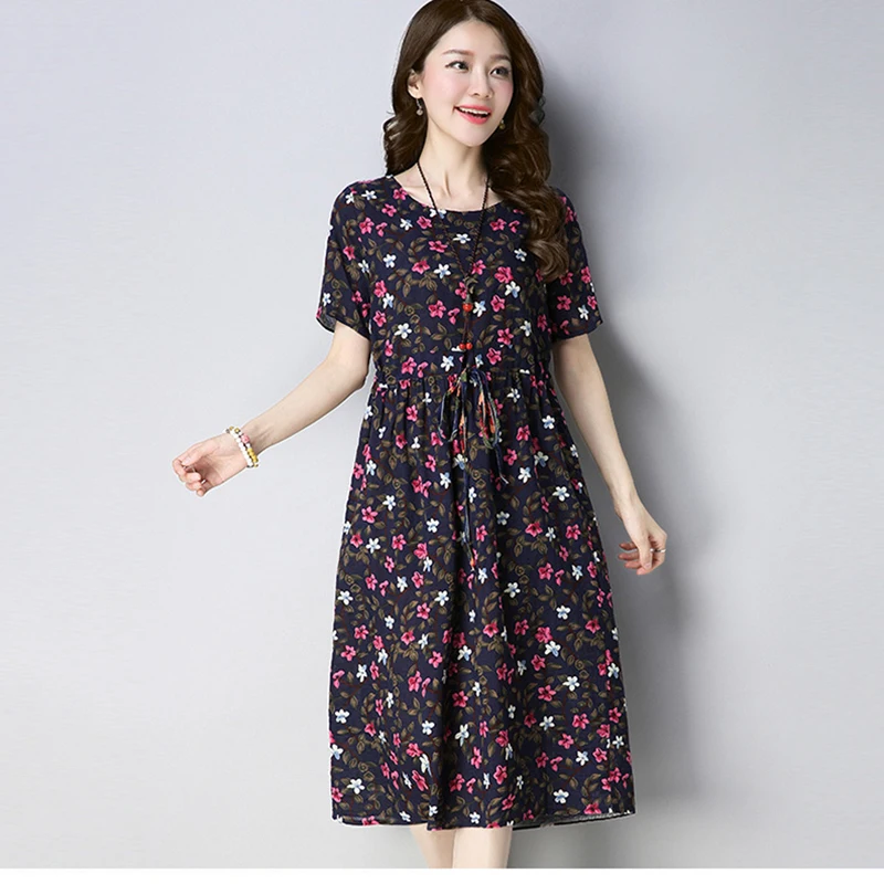 Женское винтажное платье с коротким рукавом Длинное свободное из хлопка и льна