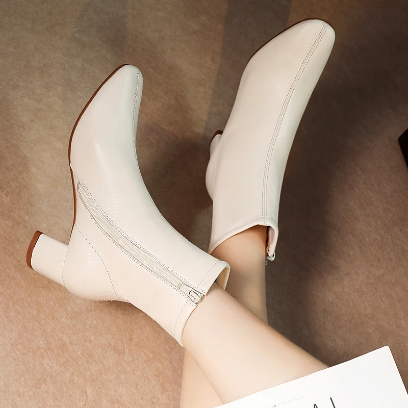 TXCNMB Brand Cow Leather Ankle Boots for Women High Heels Zipper Short Ladies Shoes Woman Round Toe Party