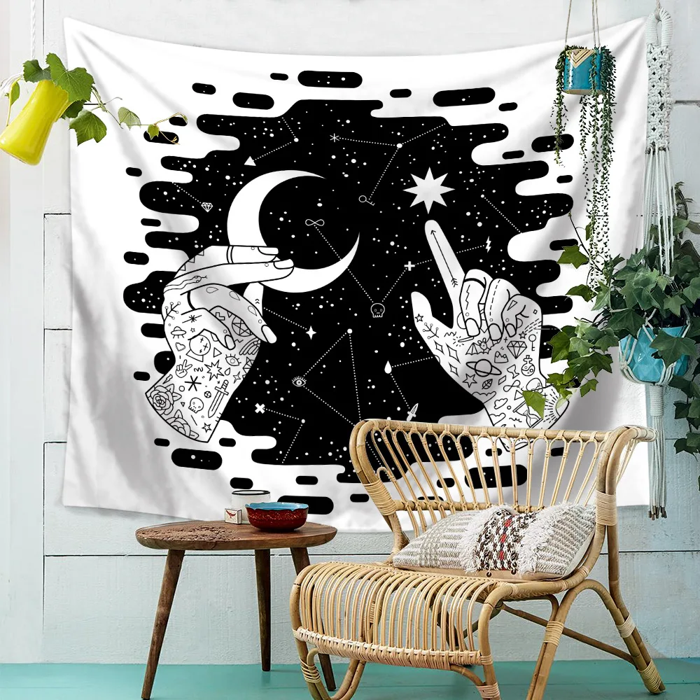 Moon Stars Черный Белый Настенный Гобелен абстрактный пляжное одеяло для пикника