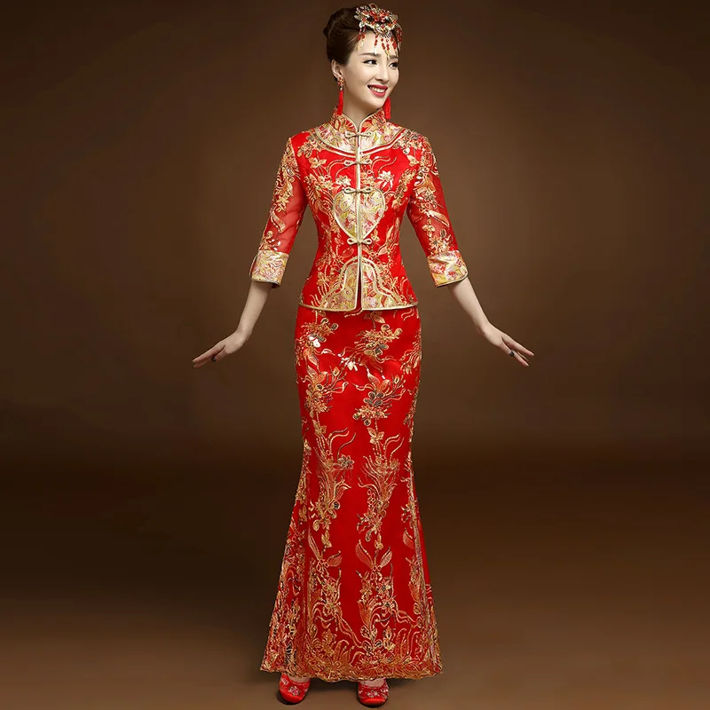 Красное традиционное шоу невесты вышивка cheongsam женатые костюмы китайский стиль свадебное торжественное платье женское зарубежное китайское Qipao