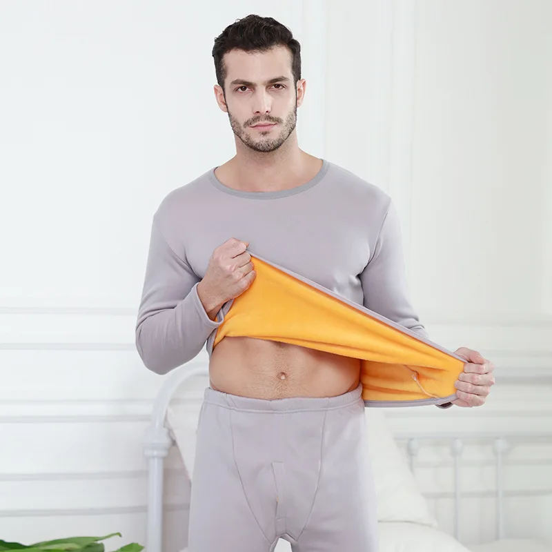 man light grey Термобелье для мужчин кальсоны флис мужчин осень зима рубашка+ брюки комплект из 2 предметов теплый толстый плюс бархат - Цвет: man light grey