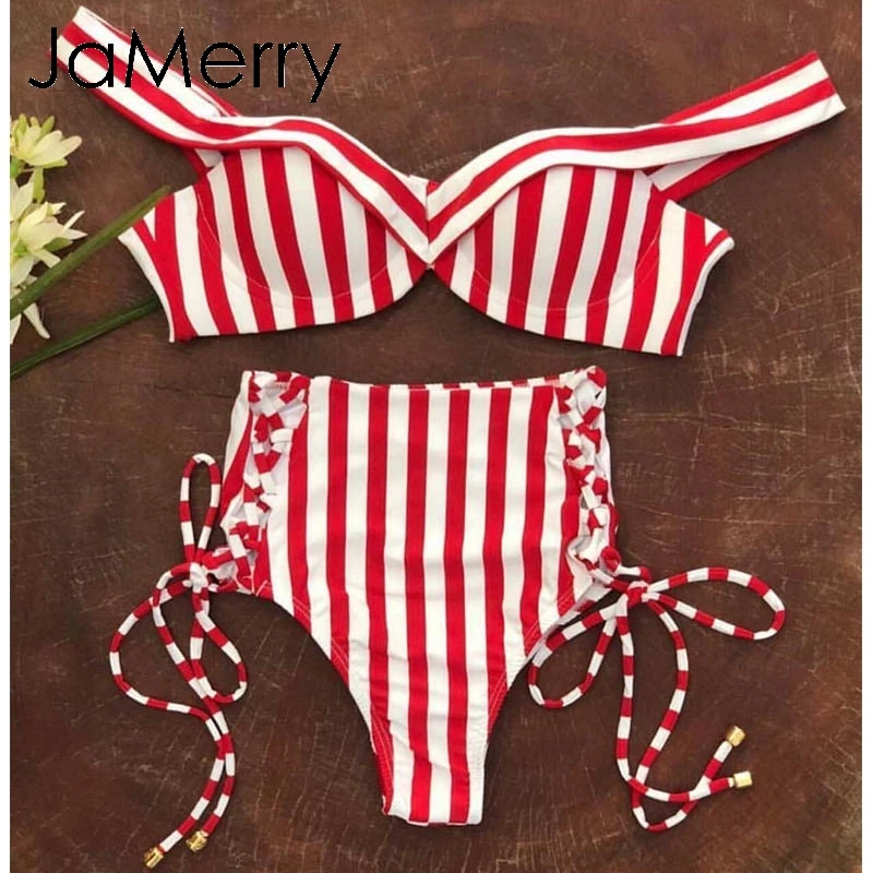 Женский раздельный купальник в красную полоску пуш ап с v образным вырезом