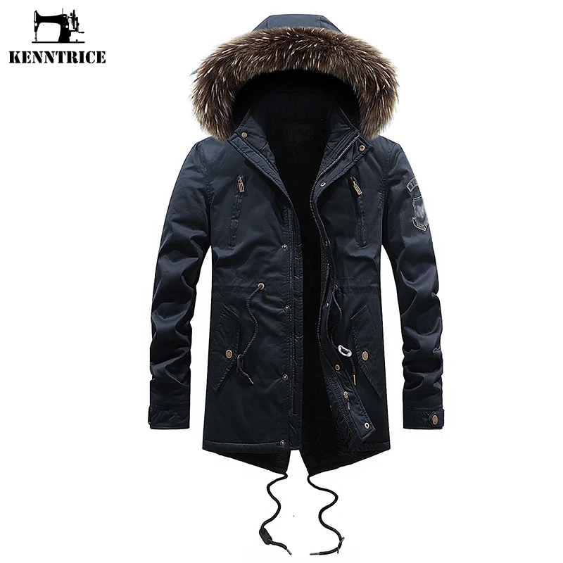 KENNTRICE Winter Coat Men Fur Collar Hooded Long Jacket Keep Warm Vintage Windbreaker Mens Outerwear | Мужская одежда