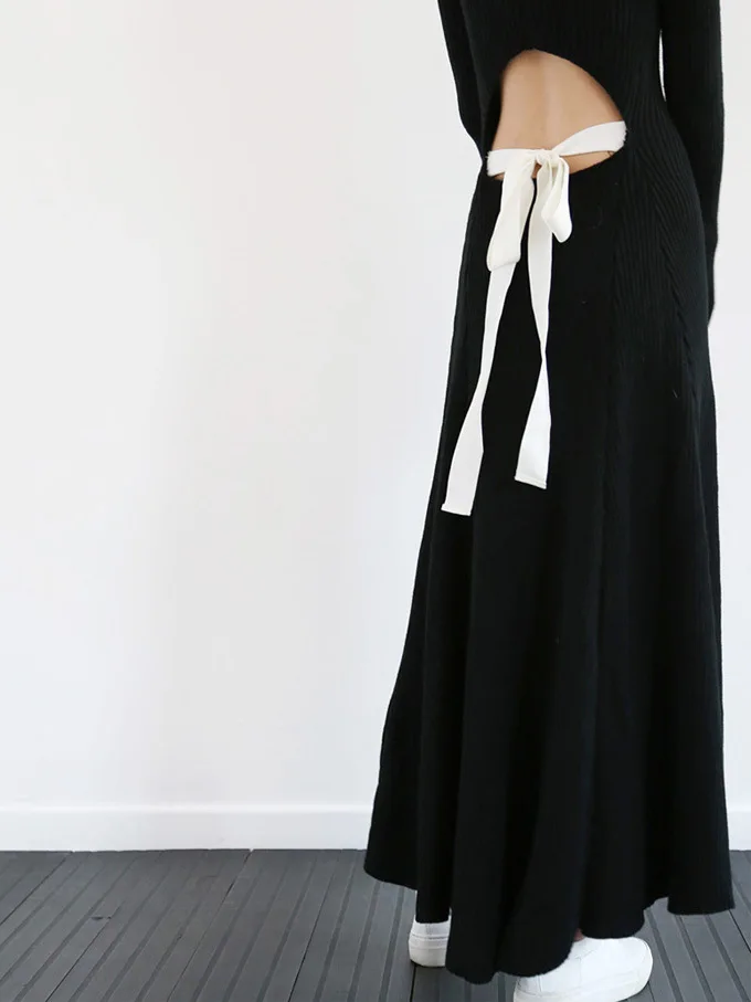 Cakucool/весеннее шерстяное платье с длинным рукавом облегающее на шнуровке