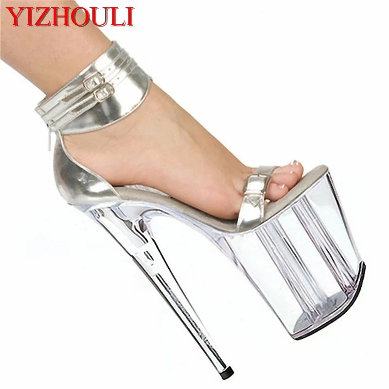 Hot-selling women's 2018 summer shoes 8 inch transparent platform thin heels shoes crystal silver wedding shoes 20cm high heels